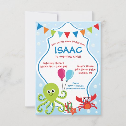 Invitation Bubbly Amusant sous la mer Premier anniversaire fê (Devant)