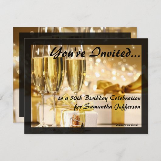 Invitation Bubbly dorée 50e fête d'anniversaire (Devant / Derrière)