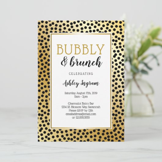 Invitation Bubbly et Brunch en points noirs et or (Debout devant)