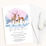 Invitation Buck or Doe Deer Christmas Winter Sexe Revey<br><div class="desc">Un thème hivernal Baby Genre Reveal invitation à la fête. Le design de Noël est composé d'une famille de cerfs avec un faon debout sur la glace,  avec un élégant arrière - plan de coucher de soleil rose. Le texte de la typographie noire dit "blac" ou "fait" ?</div>
