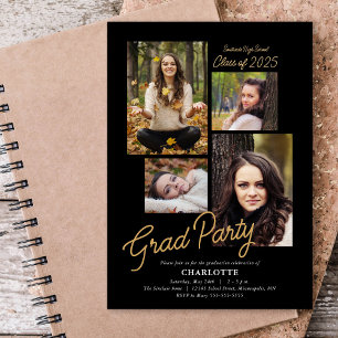 Invitation Budget 4 Photo Collage Black Graduation Party