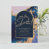 Invitation Budget Agate Bleu Or Mariage Économisez les Dates (Debout devant)