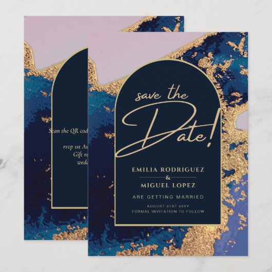 Invitation Budget Agate Bleu Or Mariage Enregistrer les Dates (Devant / Derrière)