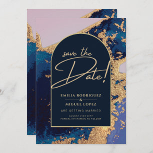 Invitation Budget Agate Blue Gold Wedding Enregistrer les dat