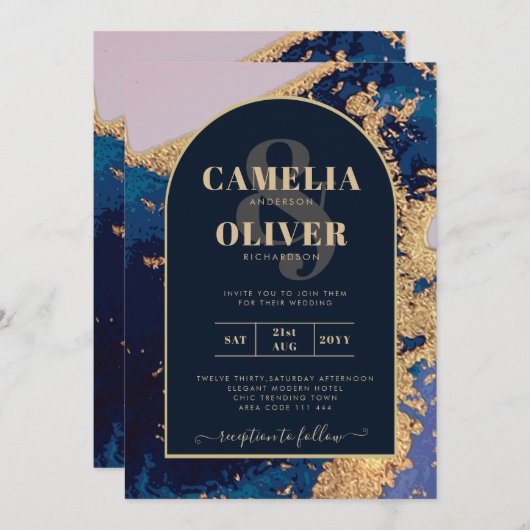 Invitation Budget Agate Blue Gold Wedding Inviter QR Code RSV (Devant / Derrière)