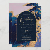Invitation Budget Agate Blue Gold Wedding Inviter QR Code RSV (Devant / Derrière)