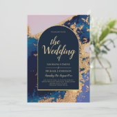 Invitation Budget Agate Blue Gold Wedding Inviter QR Code RSV (Debout devant)