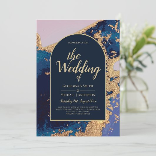 Invitation Budget Agate Blue Gold Wedding Inviter QR Code RSV (Debout devant)