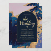 Invitation Budget Agate Blue Gold Wedding Inviter QR Code RSV (Devant / Derrière)