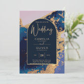 Invitation Budget Agate Blue Gold Wedding Inviter QR Code RSV (Debout devant)