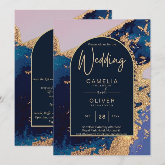 Invitation Budget Agate Blue Gold Wedding Inviter QR Code RSV (Devant / Derrière)