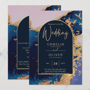 Invitation Budget Agate Blue Gold Wedding Inviter QR Code RSV