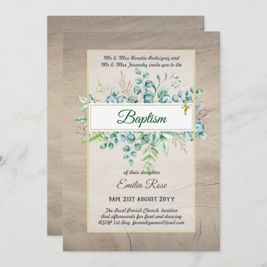 Invitation Budget BAPTISM Baptiser la verdure Feuilles Invita (Devant / Derrière)
