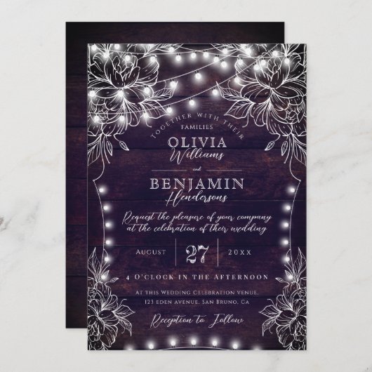 Invitation Budget Blanc Floral & Rustic Wood Lumières Mariage (Devant / Derrière)