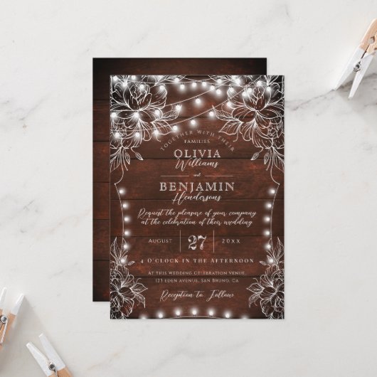 Invitation Budget Blanc Floral & Rustique Bois Lumières Maria (Devant/Arrière en situation)