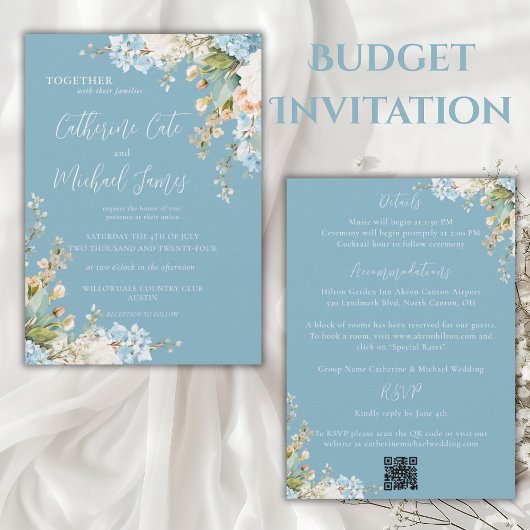 Invitation Budget Bleu Fleurs d'Hydrangea Élégant Mariage