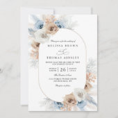 Invitation Budget Blue & Beige Boho Floral QR Code Wedding (Devant)