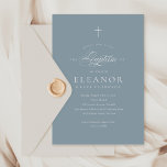 Invitation Budget Blue Boy Elegant Cross Calligraphie Baptême<br><div class="desc">Budget Blue Boy Simple Elegant Cross Calligraphy Baptism Invitation présente une délicate croix moderne,  associée à un type moderne et un magnifique script de calligraphie.</div>