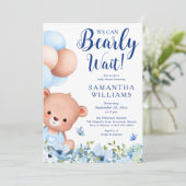 Invitation Budget Blue Boy Teddy Bear Livres pour Baby shower (Debout devant)