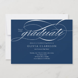 Invitation Budget Blue Elegant Script Photo Graduation Party