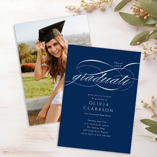 Invitation Budget Blue Elegant Script Photo Graduation Party