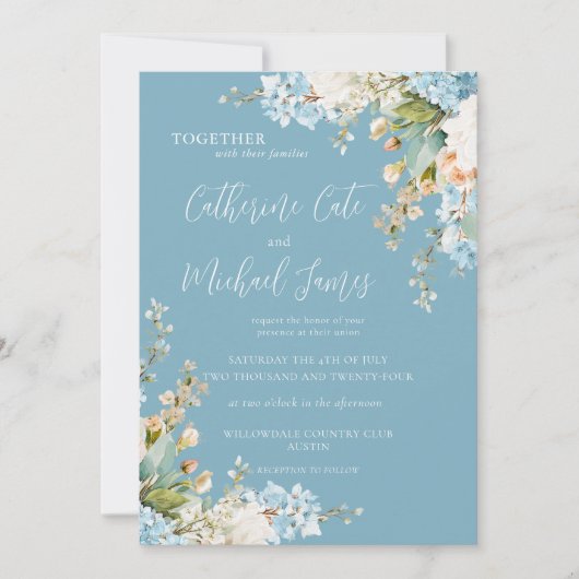 Invitation Budget Blue Floral Hydrangea Elegant Wedding (Devant)