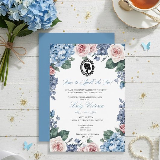 Invitation Budget Blue Florals Bridgerton Birthday Party