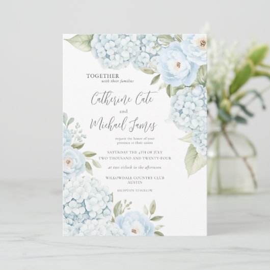 Invitation Budget Blue Hydrangea Elegant Floral Wedding (Debout devant)