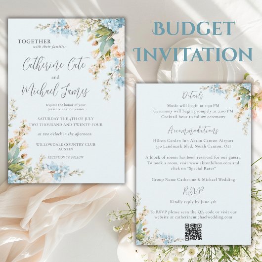 Invitation Budget Blue Hydrangea Floral Elegant Wedding