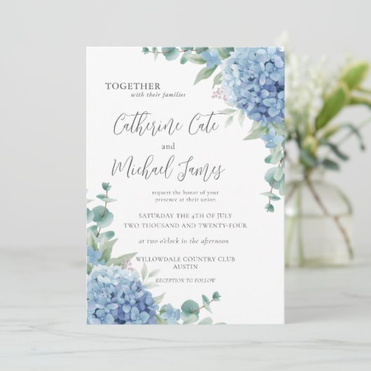 Invitation Budget Blue Hydrangea Floral Elegant Wedding (Debout devant)