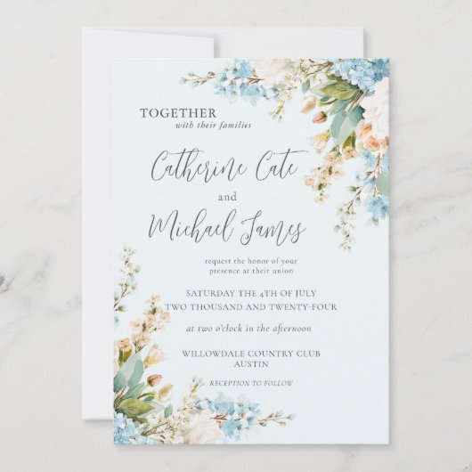 Invitation Budget Blue Hydrangea Floral Elegant Wedding (Devant)
