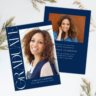 Invitation Budget Blue Moderne Vertical Deux Photo Graduation