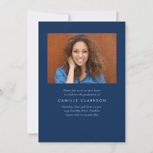 Invitation Budget Blue Moderne Vertical Deux Photo Graduation (Dos)