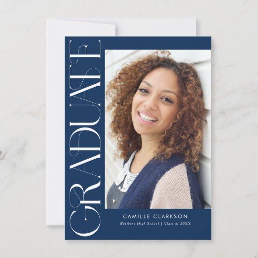 Invitation Budget Blue Moderne Vertical Deux Photo Graduation (Devant)