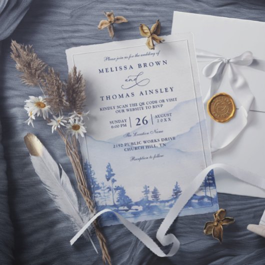 Invitation Budget Blue Mountain Watercolor QR Code Wedding