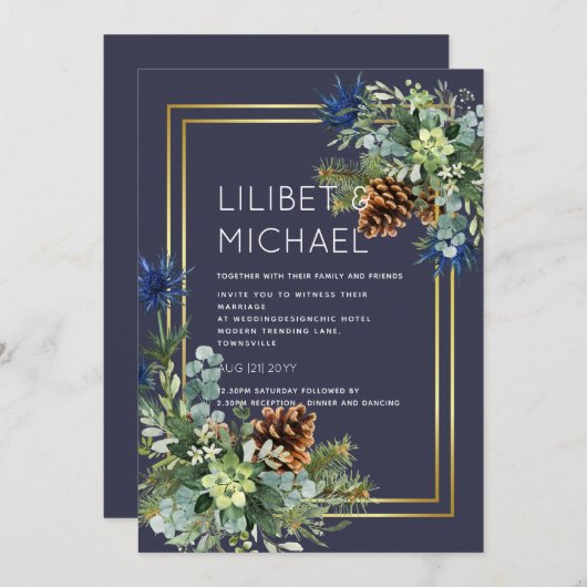 Invitation BUDGET Blue Thistle Eucalyptus Mariage Wonderland (Devant / Derrière)
