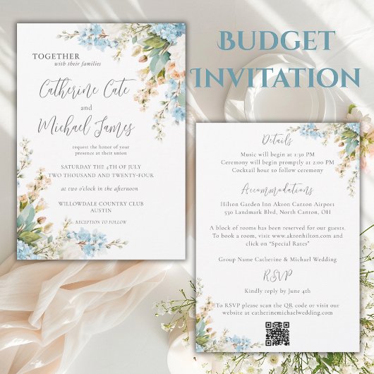 Invitation Budget Blue & White Floral Elegant Wedding