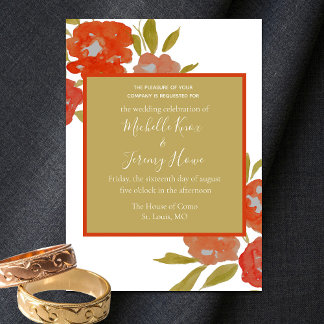 Invitation Budget Bohème rouge Orange or Mariage Floral