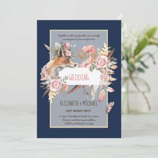 Invitation BUDGET Boho Woodland FOX Floral Mariage Moderne (Debout devant)