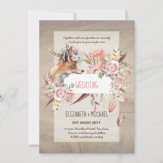 Invitation BUDGET Boho Woodland FOX Floral Mariage Moderne (Devant)