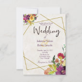 Invitation Budget Bourgogne et mariage fleuri jaune (Devant)
