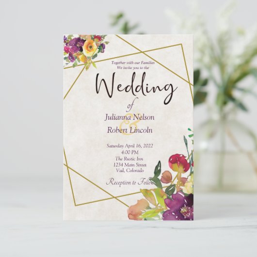 Invitation Budget Bourgogne et mariage fleuri jaune (Debout devant)