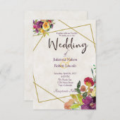 Invitation Budget Bourgogne et mariage fleuri jaune (Devant / Derrière)