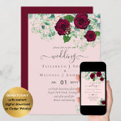 Invitation BUDGET Bourgogne Rose Eucalyptus Mariage