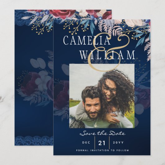Invitation Budget Burgundy Blue Floral dentelle Mariage SAVE  (Devant / Derrière)