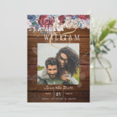 Invitation Budget Burgundy Blue Floral dentelle Mariage SAVE  (Debout devant)