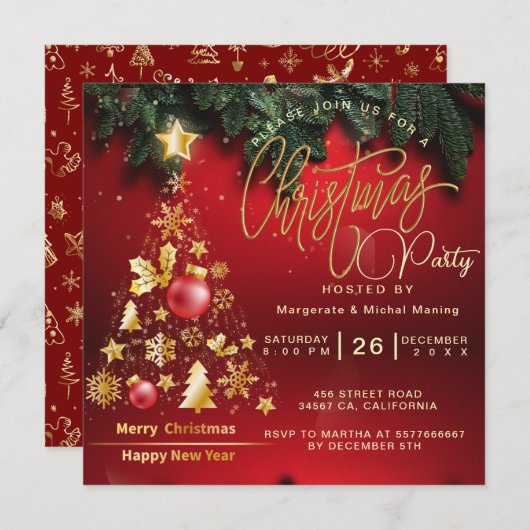 Invitation Budget Christmas Tree Party Golden and Red (Devant / Derrière)