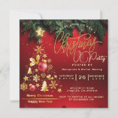 Invitation Budget Christmas Tree Party Golden and Red (Devant)