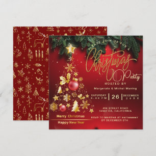 Invitation Budget Christmas Tree Party Golden and Red