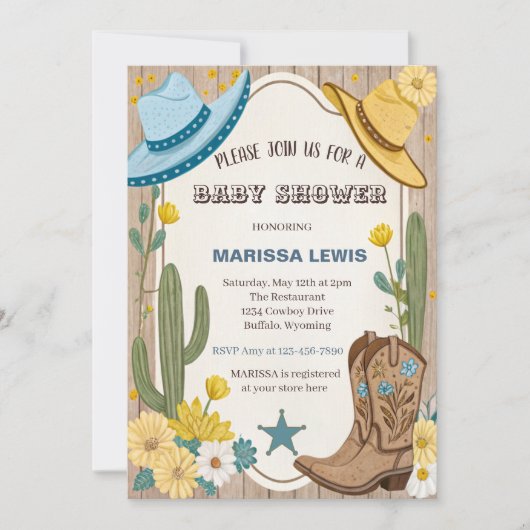 Invitation Budget cow-boy bottes occidentales Bleu Jaune chap (Devant)